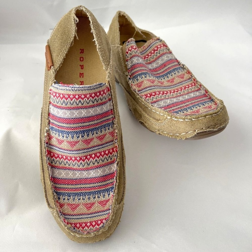 Romper Shoes Geometric women flats Driving Shoes Canvas Tan Comfort shoes Sz 7.5